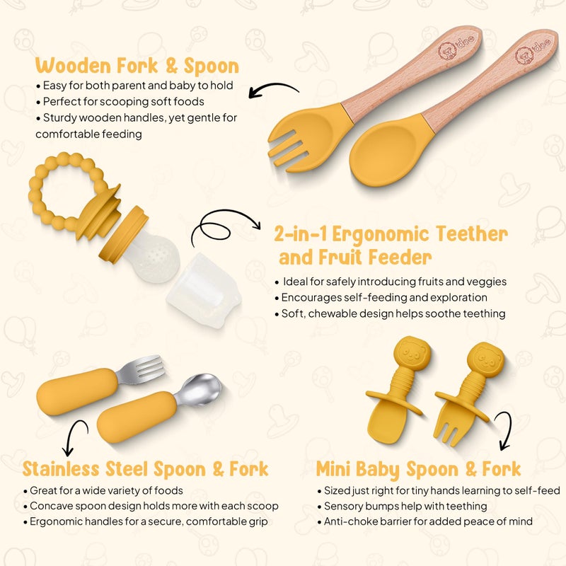 O'doe 17-Piece BPA-Free Silicone Baby Feeding Set | Thick & Soft Suction Plates, Baby Bowls, Wooden Fork & Spoon, and More | Make Mealtime Fun and Easy for Your Little One (Yellow, V2) - Image 4